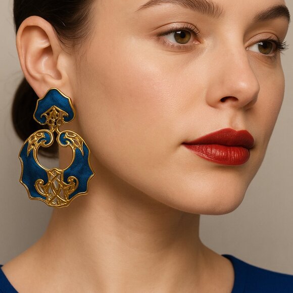 Vintage Berebi Blue Enamel & Gold-Tone Clip Statement Earrings - Picture 1 of 8